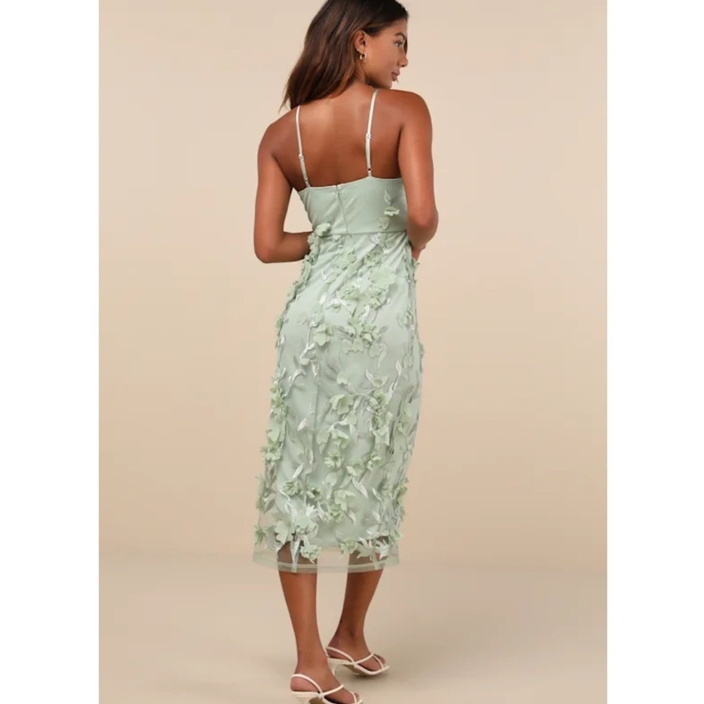 Lulus Adoration Sage Green 3D Floral Embroidered Midi Dress Size Small NWT - Picture 2 of 10